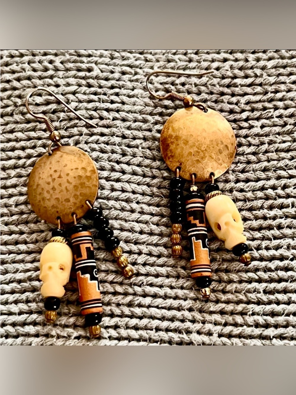 Peruvian Handmade Boho Tribal Skull Dangle Earrings Mixed Media Gold Black